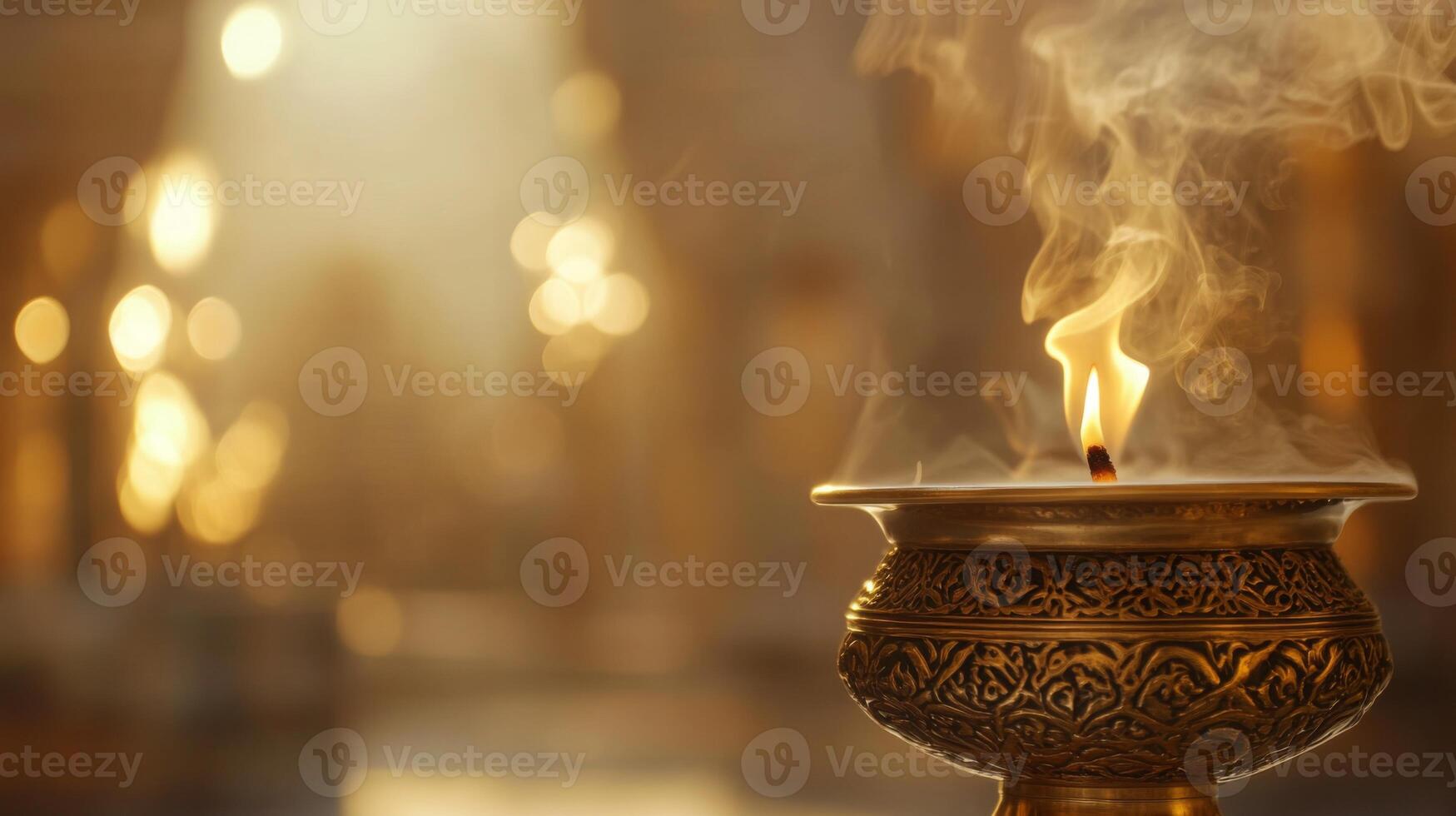 Aromatic serenity illuminated, gentle flame dances on the edge of ornate golden vessel photo