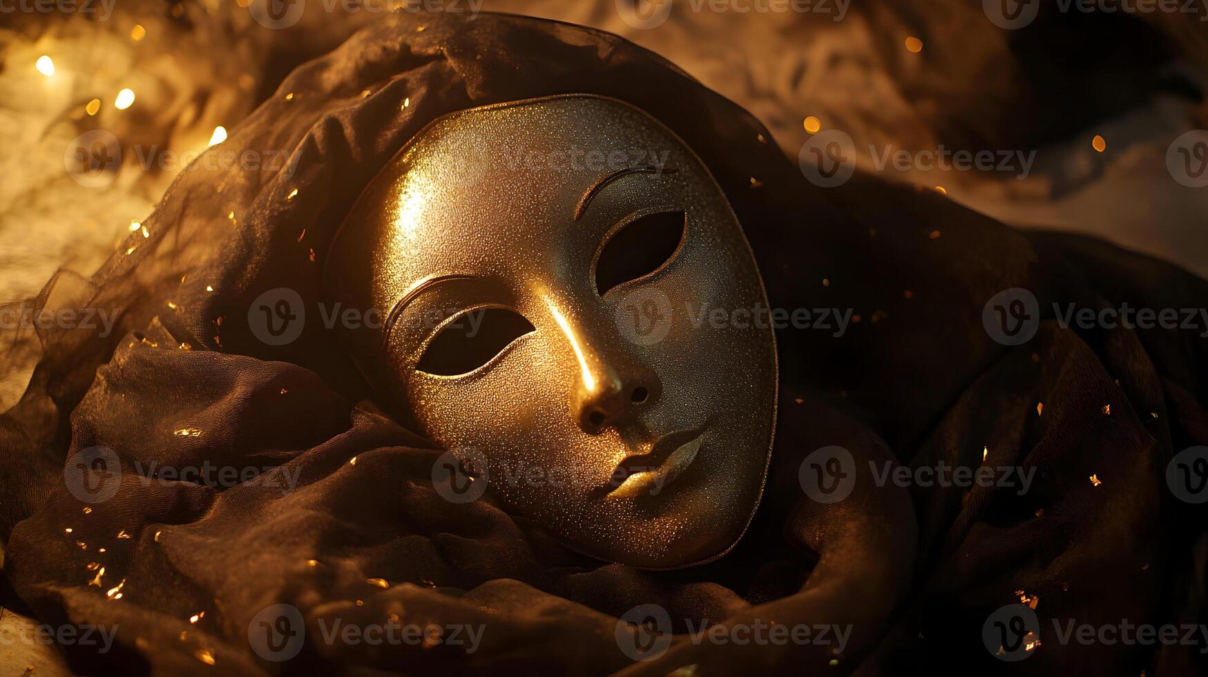 Golden mask resting on a black cloth, illuminated by soft light creating mysterious ambiance photo