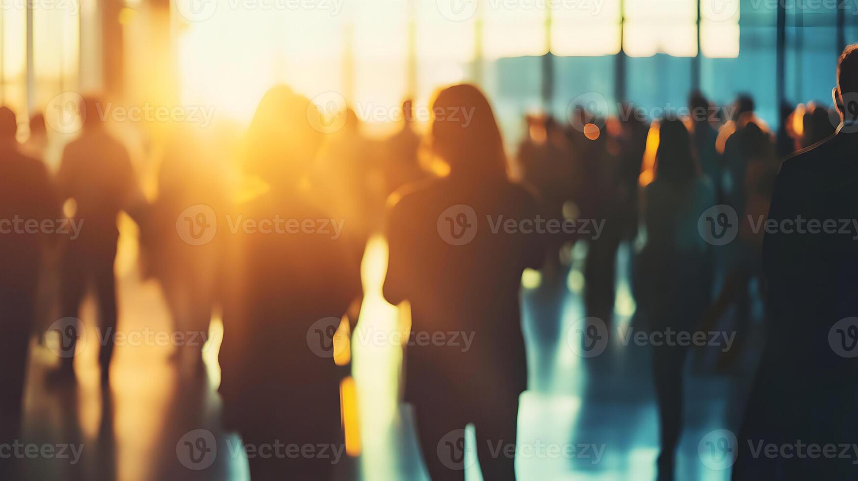 Abstract silhouette of crowd walking in a busy urban area during golden hour lighting photo