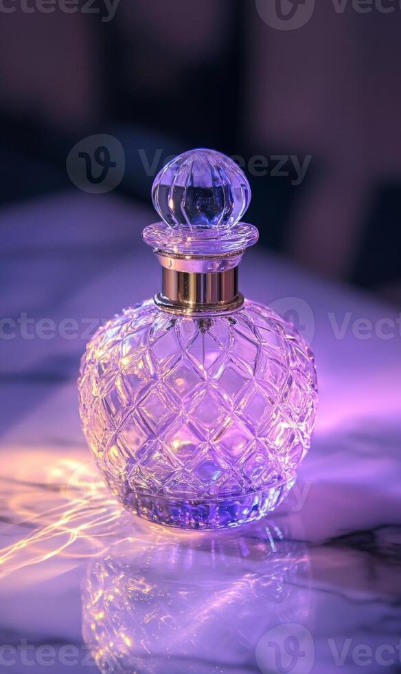 Elegant crystal perfume bottle shimmering in amethyst light, radiating subtle luxury photo