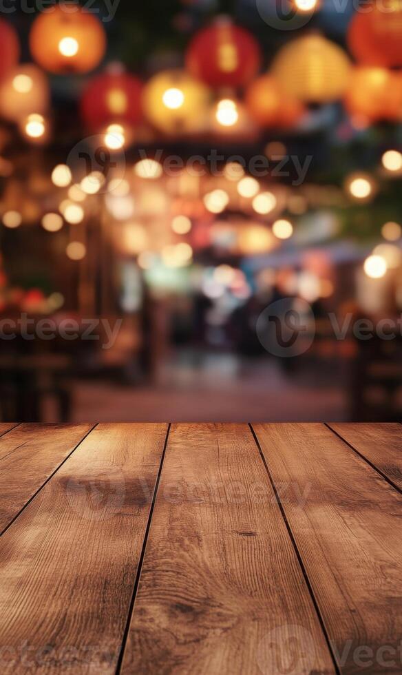 Enchanting evening ambience luminous lanterns over rustic wooden table inviting gathering place photo