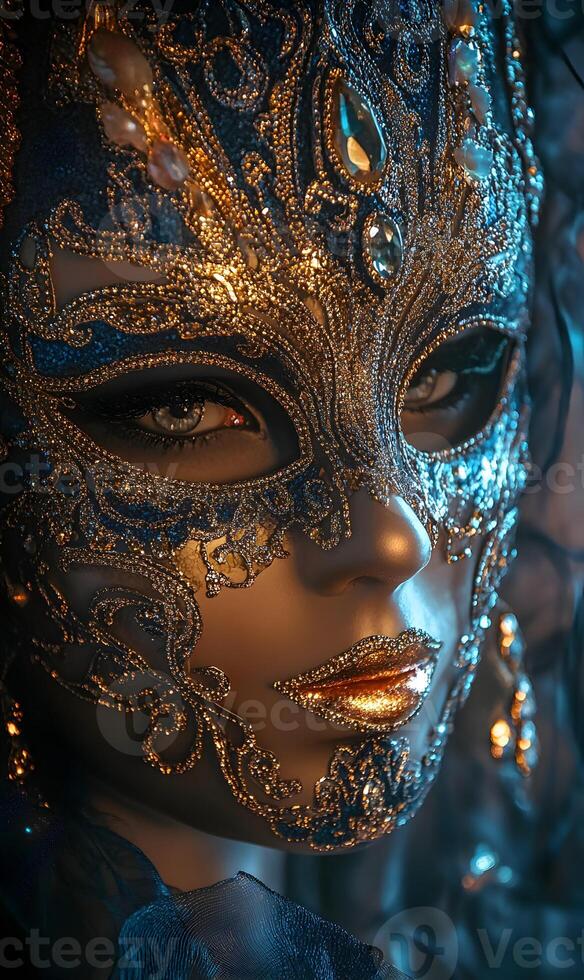 Mysterious masquerade beauty with ornate, jeweled mask and golden lips, a touch of elegance photo