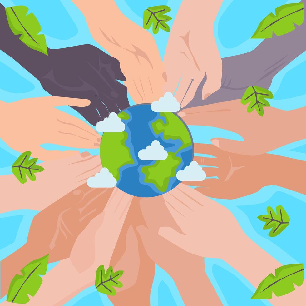 a group of hands in a circle with the earth in the middle. a background that can be used to commemorate earth day or other environmental activities vector