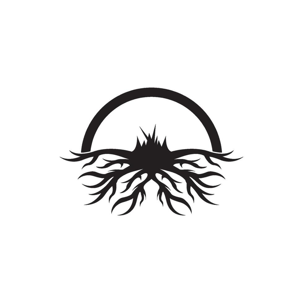 A black and white logo with a tree and sun vector