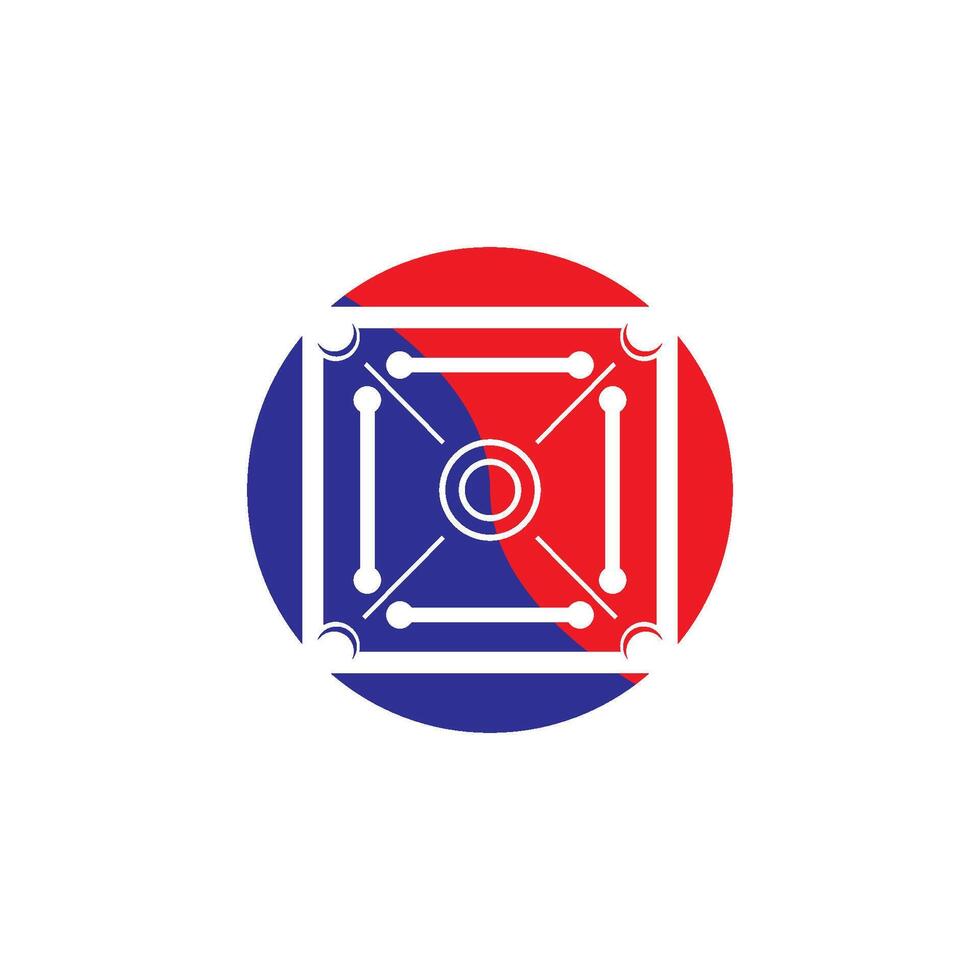 A red, white and blue logo with a circle vector