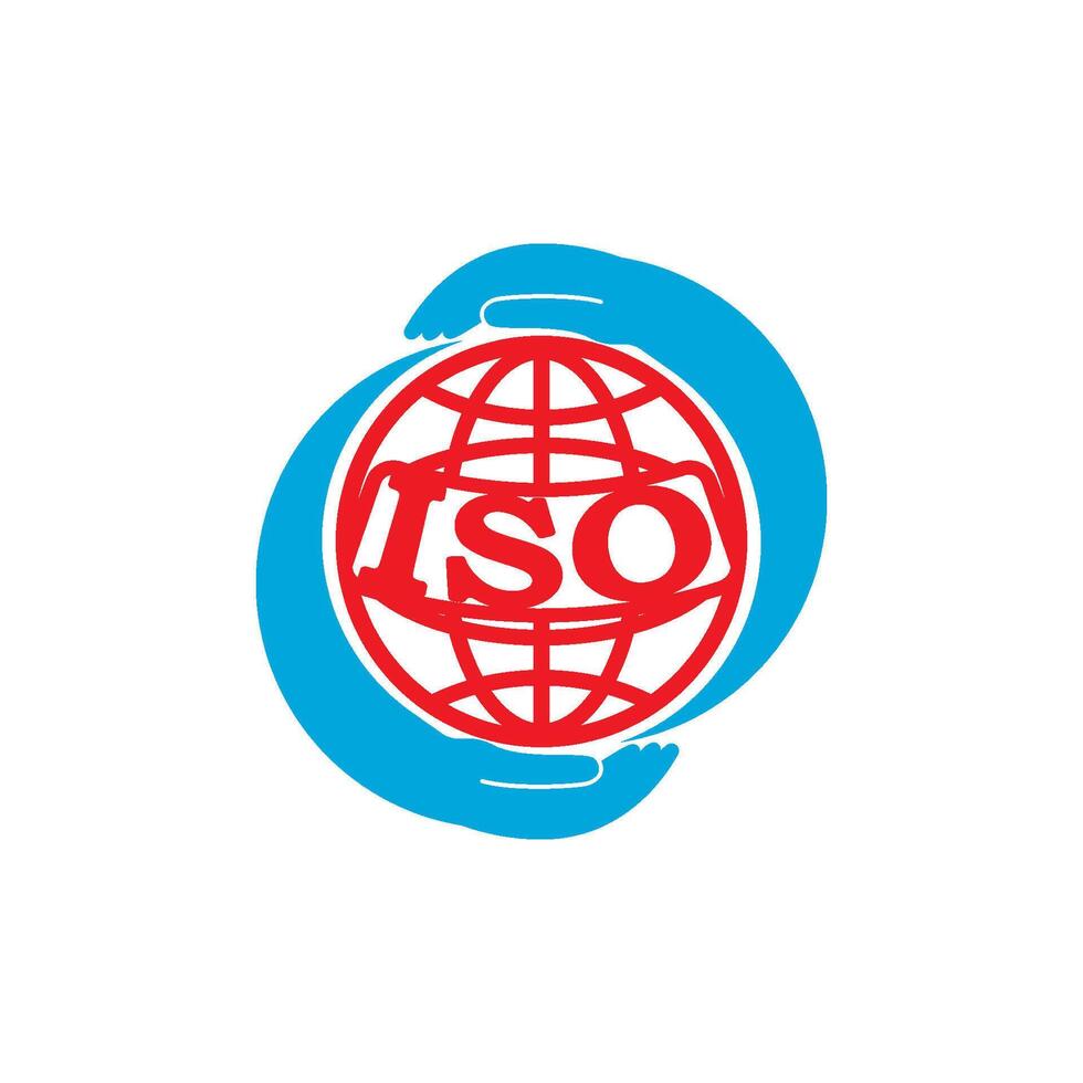 The logo for iso is shown with two hands holding a globe vector