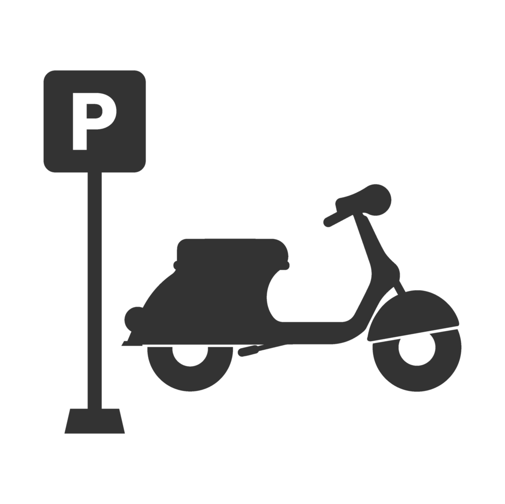 A black and white image of a scooter and a parking sign png
