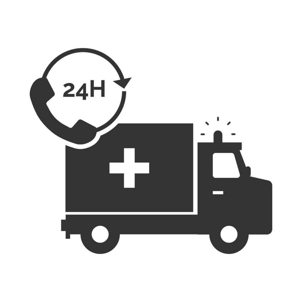 An ambulance truck with a phone icon and a 24 hour clock png