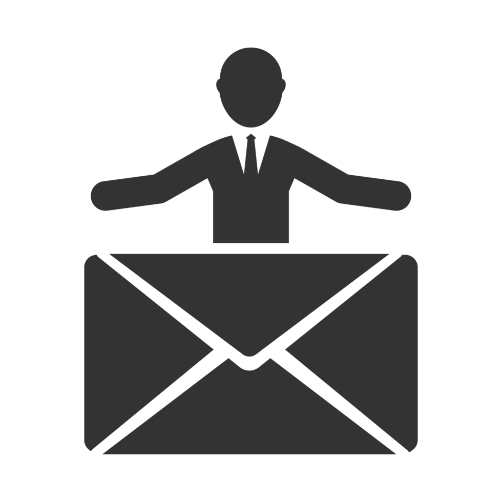 Email icon with a man standing on top of an envelope png