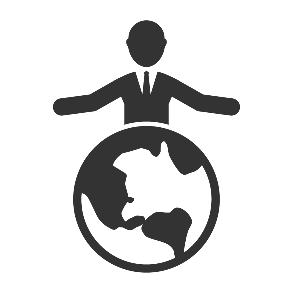 A man in a suit and tie is standing on top of a globe png