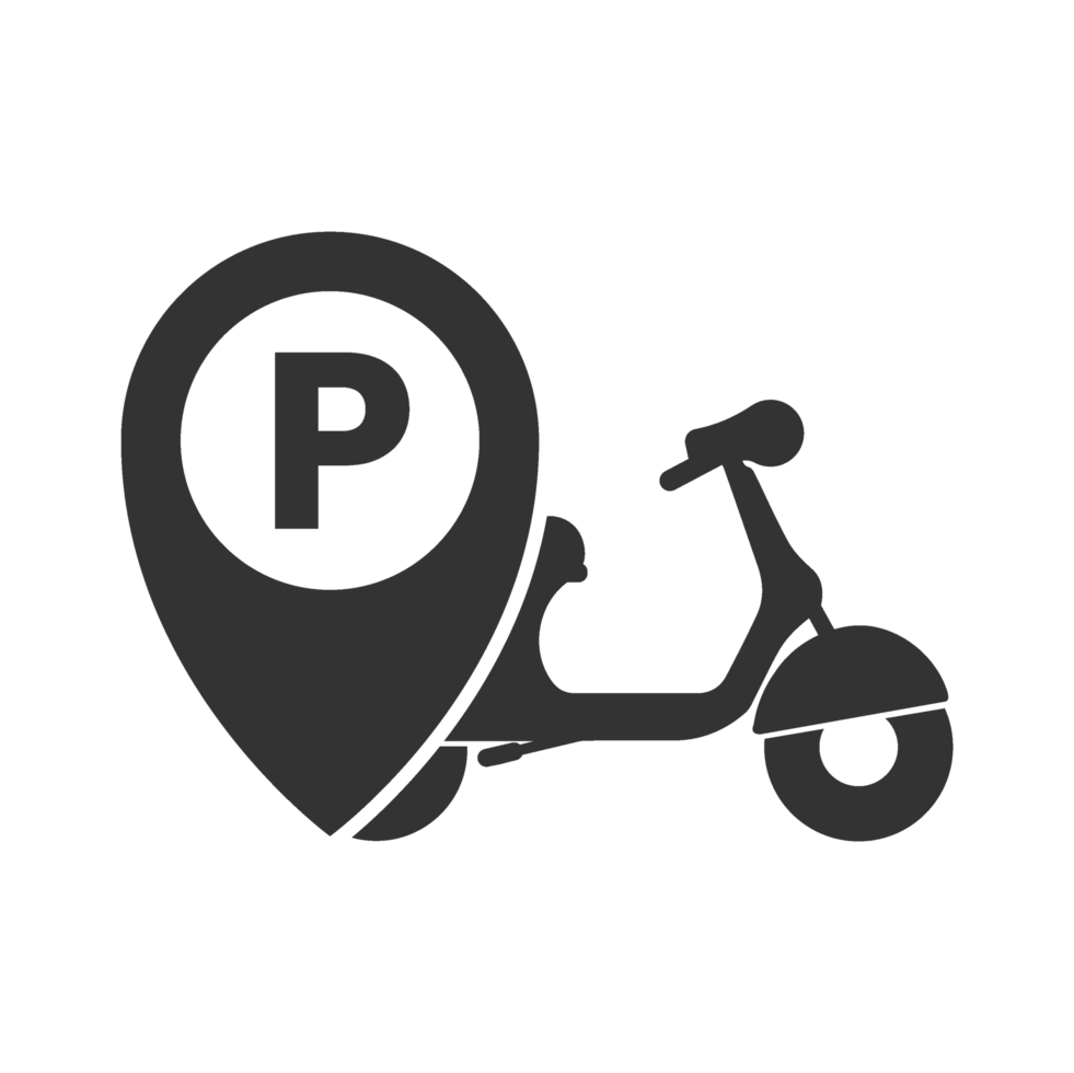 A black and white image of a scooter and a parking sign png