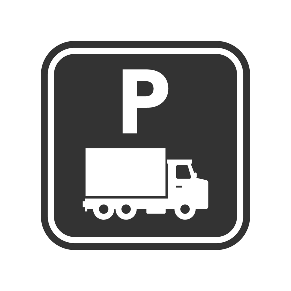 A black and white image of a truck and a parking sign png