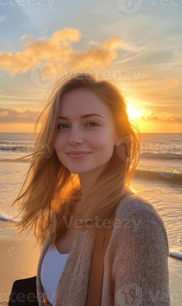 Golden hour portrait of a young woman at the beach with a warm sunset background landscape photo