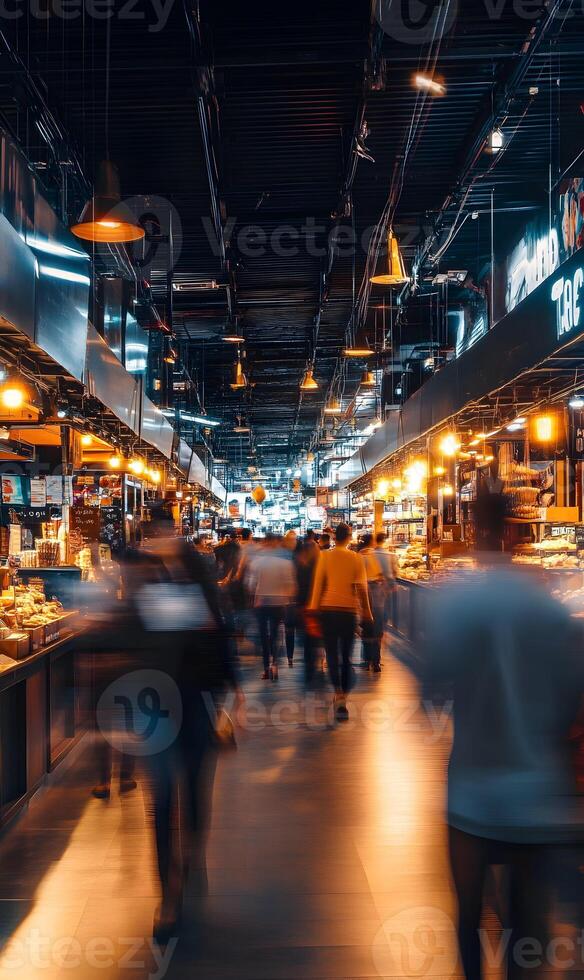 Vibrant marketplace scene featuring blurred motion of shoppers and warm ambient lighting photo