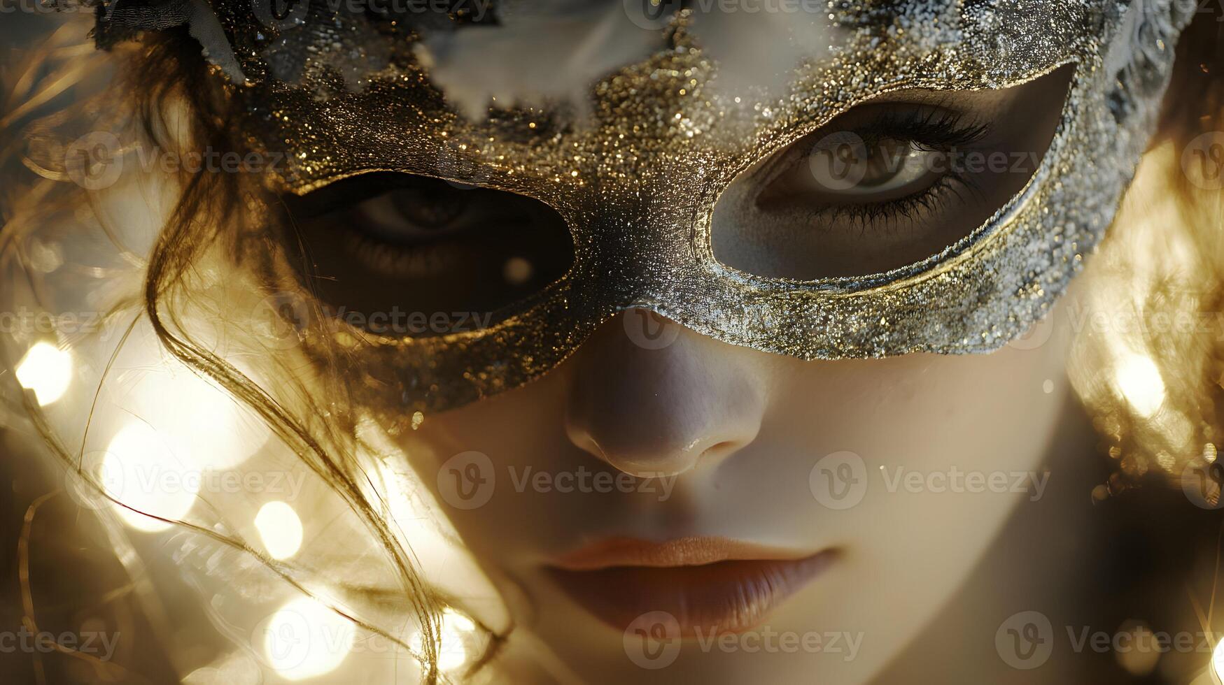 Mysterious woman in a sparkling carnival mask with soft lighting emphasizing the eyes photo