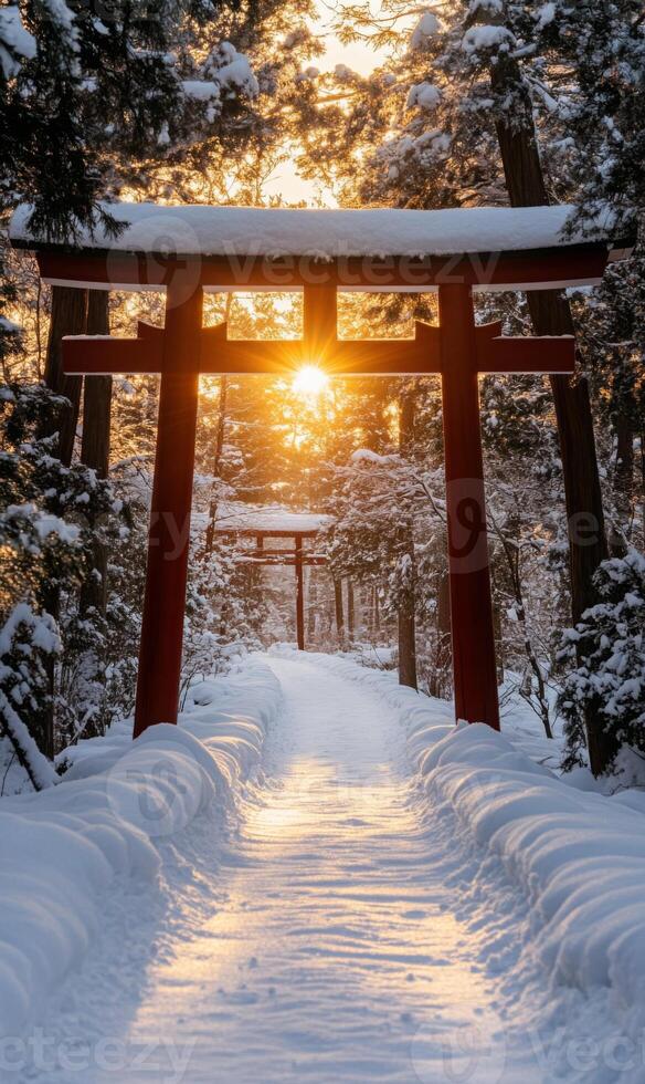 Snowy path through torii gates leads to sunlit forest, invoking serene japanese winter photo