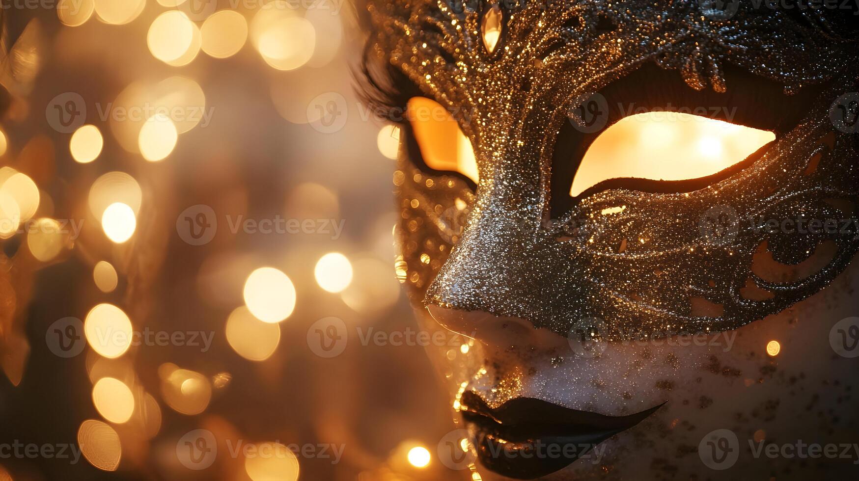 Elegant carnival mask adorned with shimmering gold glitter and bokeh lights background photo