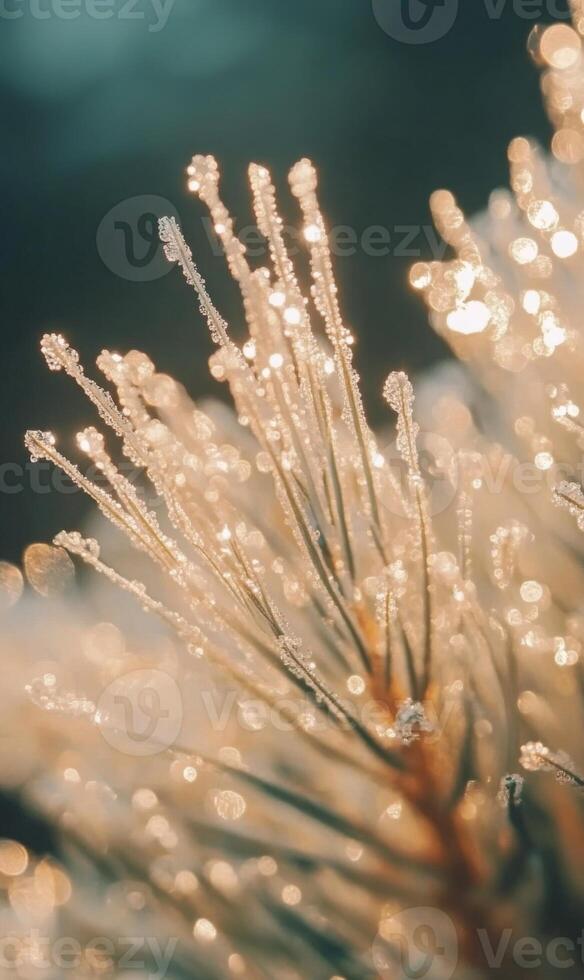 Delicate ice crystals adorn pine needles, creating a frosty, enchanting winter close up view photo