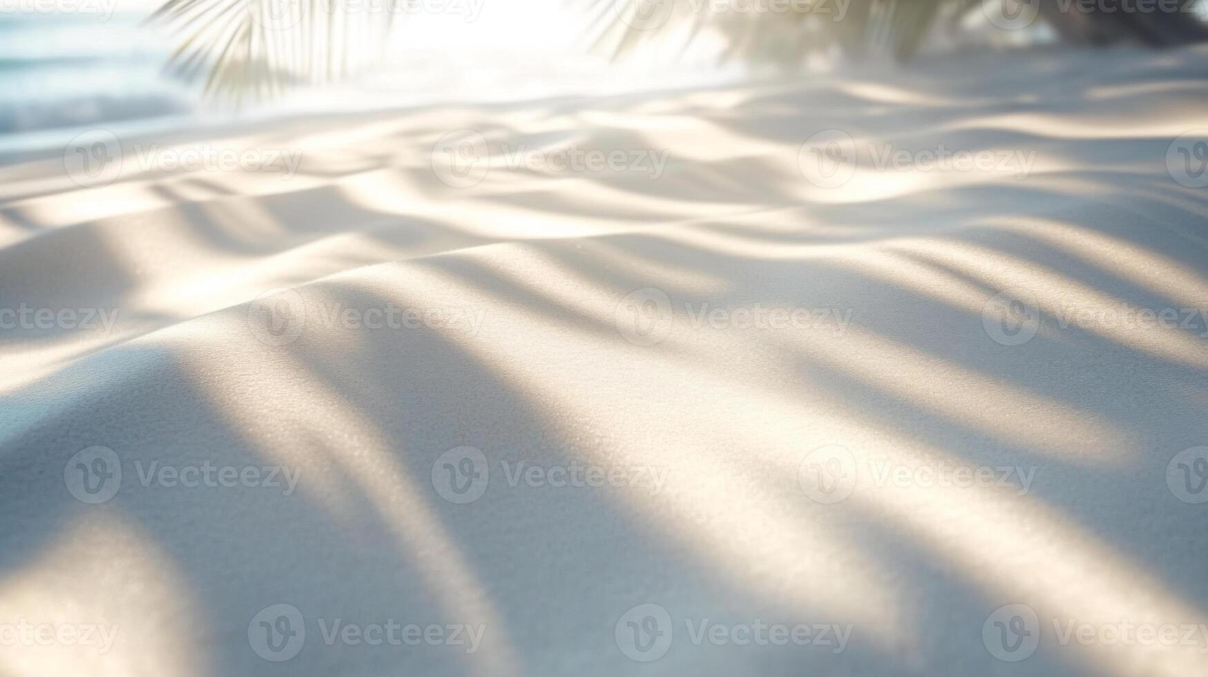 Golden hour at a tranquil beach featuring rhythmic sand patterns and palm leaf shadows photo