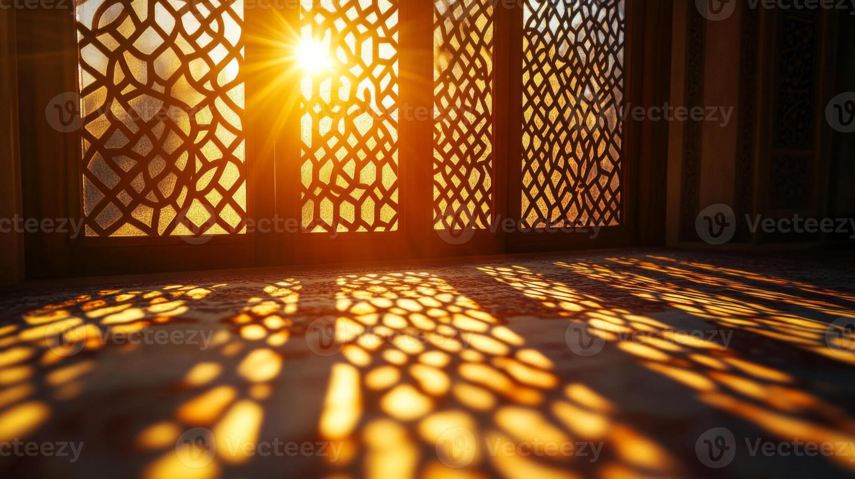 Golden hour illumination, sunbeam streaming through ornate window casting intricate patterns photo