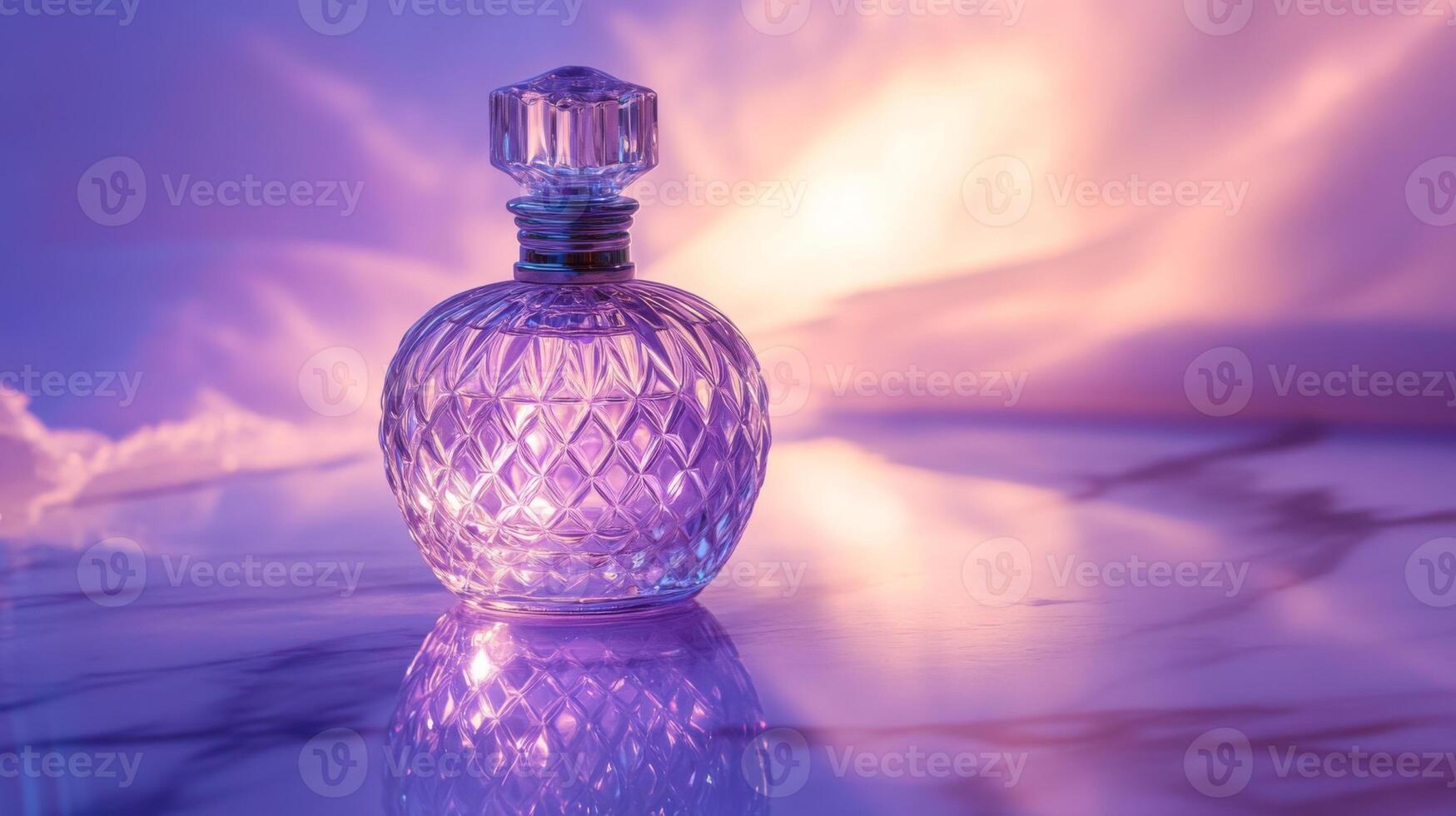 Elegant perfume bottle with facet glass design, creating a luxurious ambiance with soft pastel colors photo