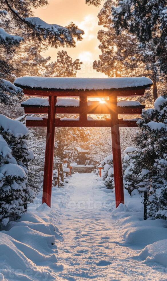Red Torii Gate Under Snowfall at Golden Hour with Sun Rays Shining in Mystic Winter Ambience photo