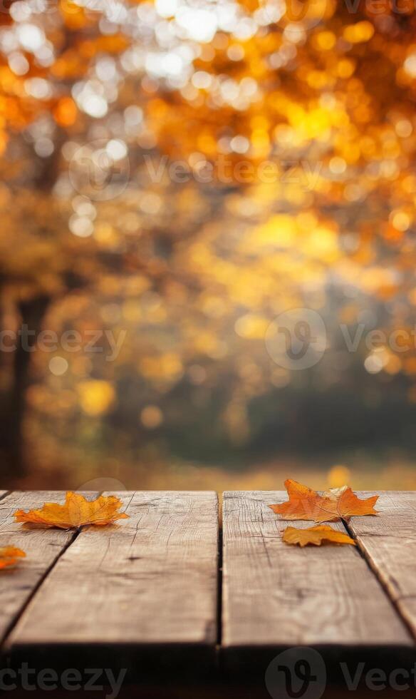 Autumnal Equinox, Wooden Table adorned with Deciduous Foliage against a blurred backdrop photo