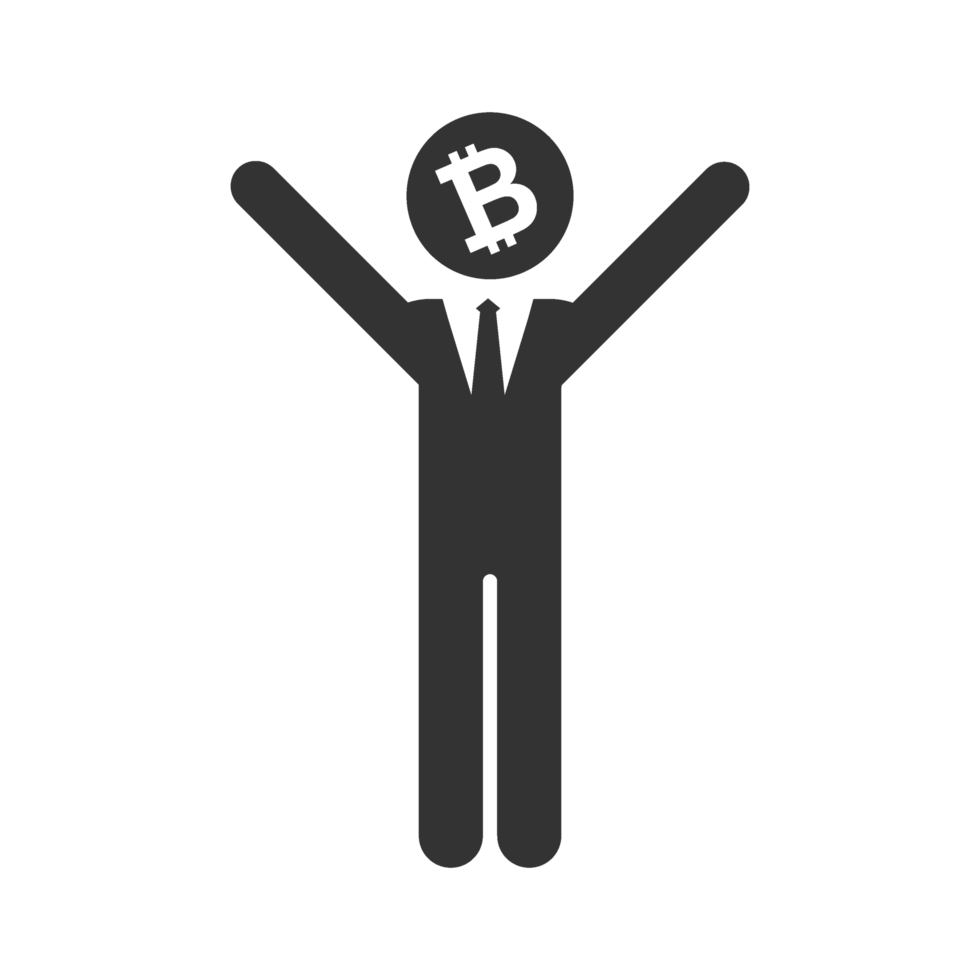 A man in a suit holding up a bitcoin symbol png