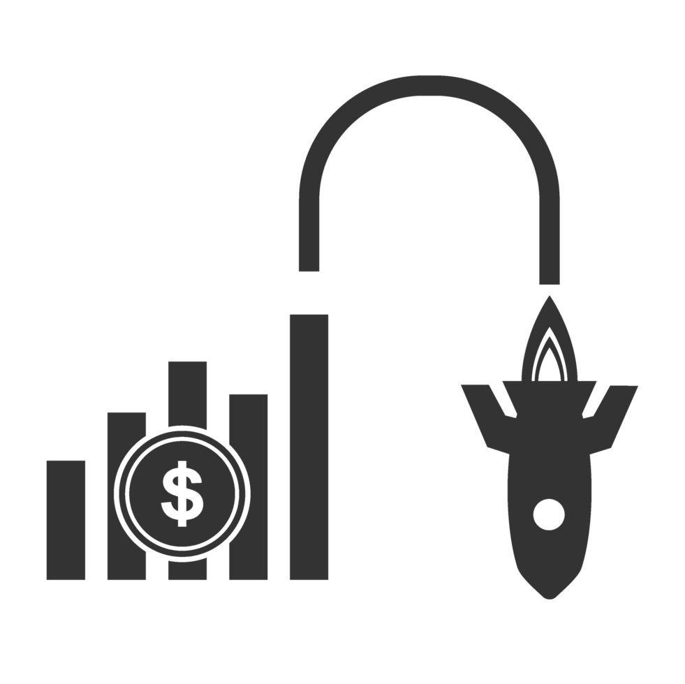 illustration of rocket down money graph icon in dark color and transparent background png