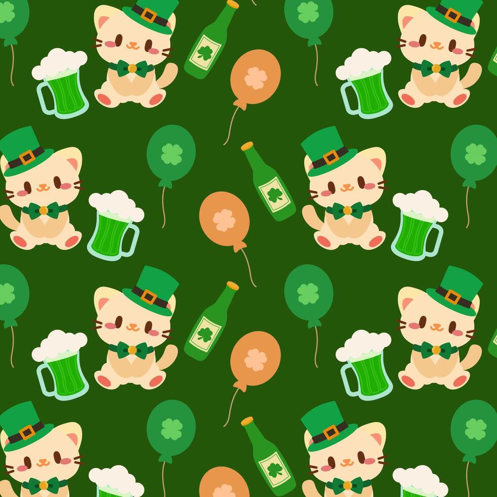 A St. Patrick s Day pattern featuring a kawaii leprechaun cat, green beer, clover balloons, and festive elements. vector