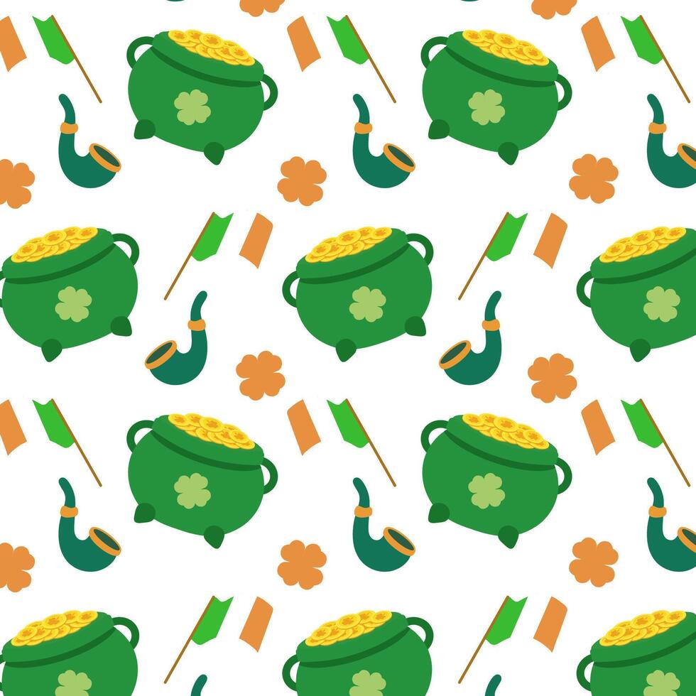 Lucky Irish St. Patrick s Day Digital Pattern with Gold Coins and Pipes. A St. Patrick s Day pattern featuring pots of gold, Irish pipes, shamrocks, and flags. vector