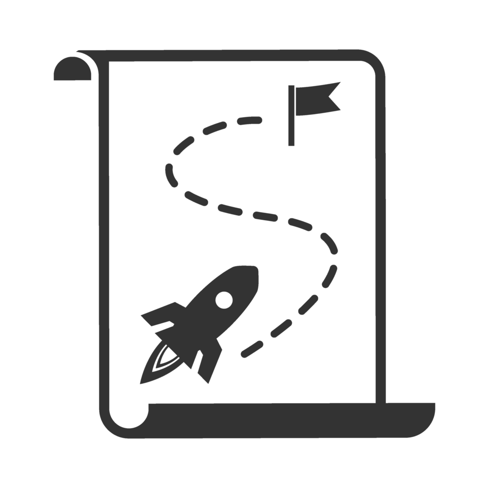 A black and white illustration of a rocket and a paper with a map png