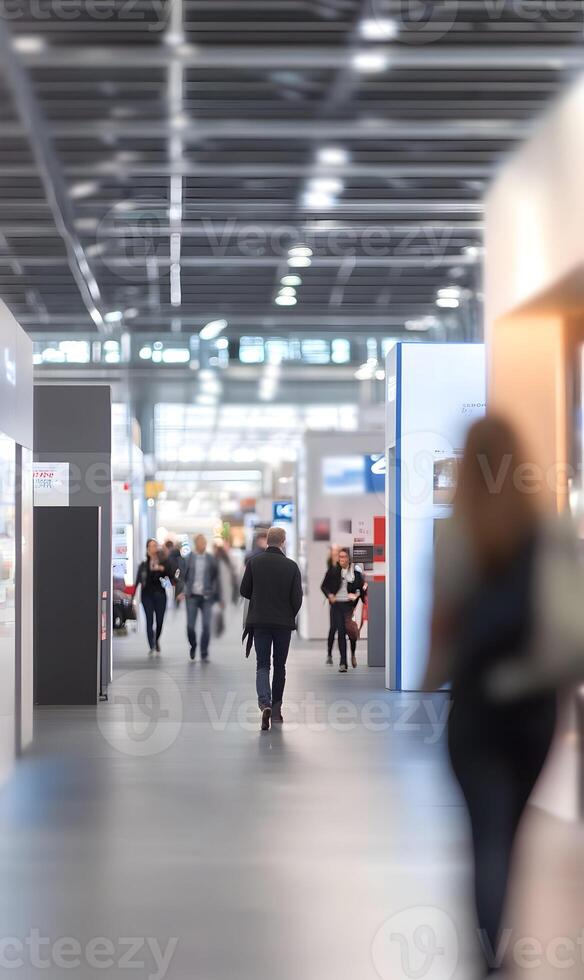 Blurred crowd walking inside a large hall with exhibition booths and modern architecture photo