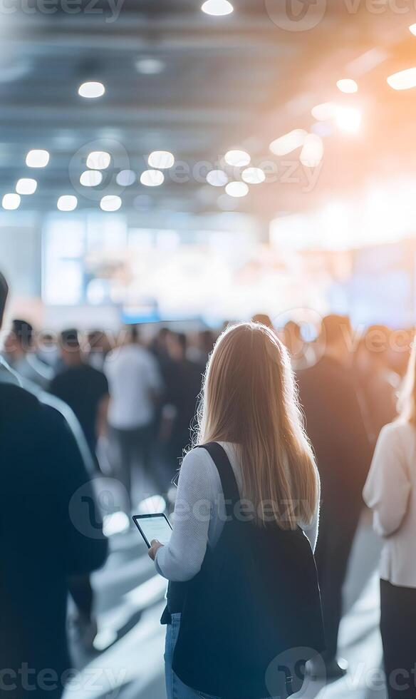 Rear view of fair attendee using digital tablet with crowd and lights at exhibition photo