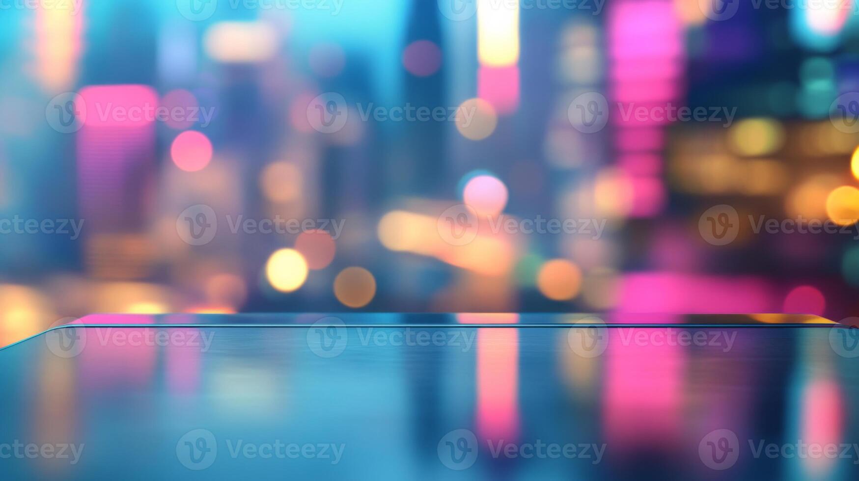 Contemporary metallic surface mirroring the vibrant energy of an urban cityscape at dusk photo