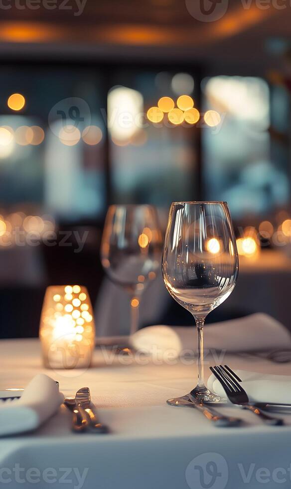 Elegant dining table setting with wine glasses and soft candlelight creating a romantic ambiance photo