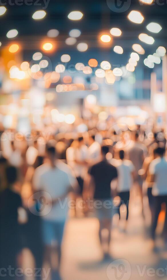 Blurred bustling street scene with pedestrians and vibrant lights creates a bokeh effect photo