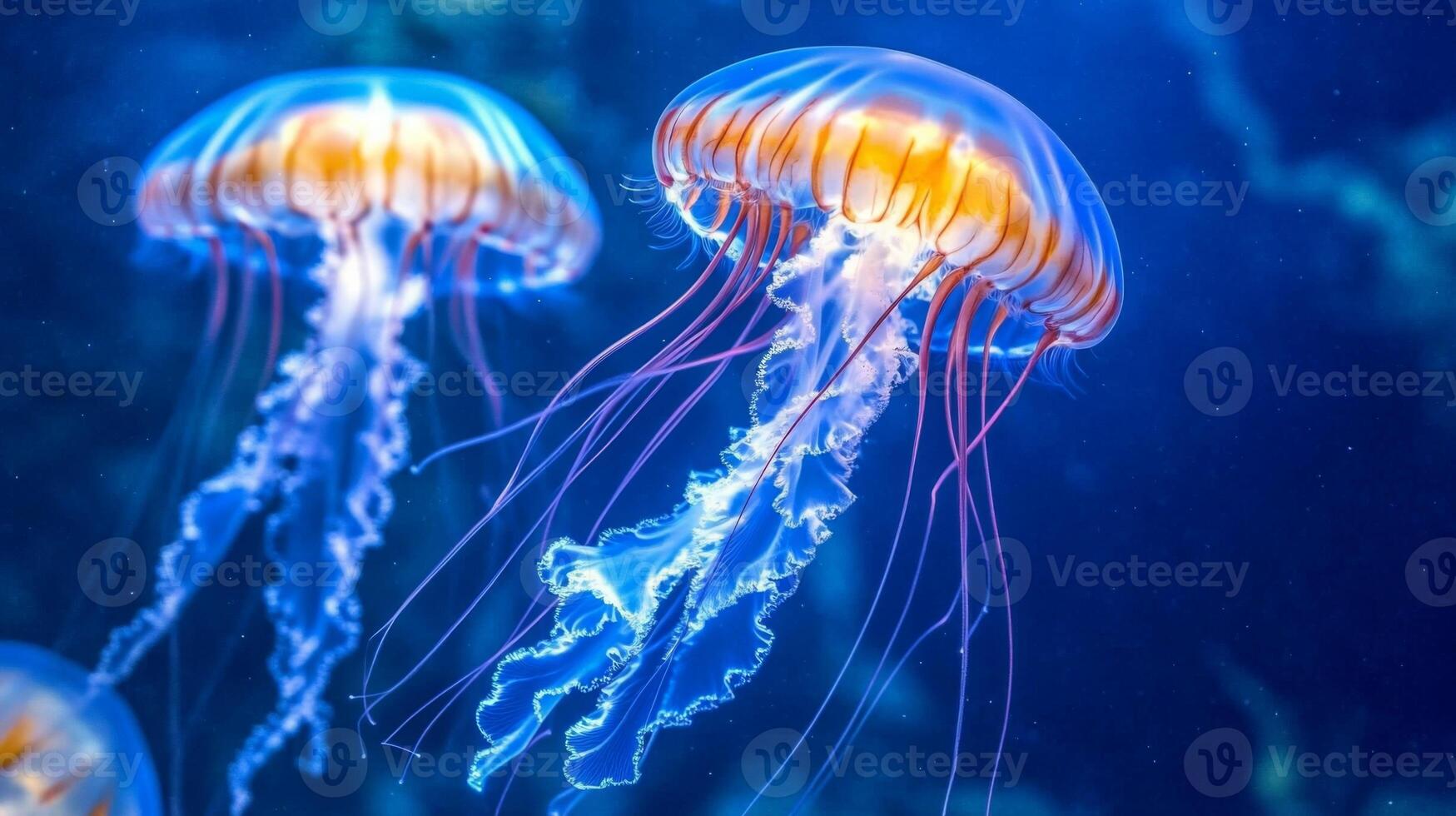 Illuminated jellyfish gliding gracefully in deep ocean waters with vibrant light effect photo