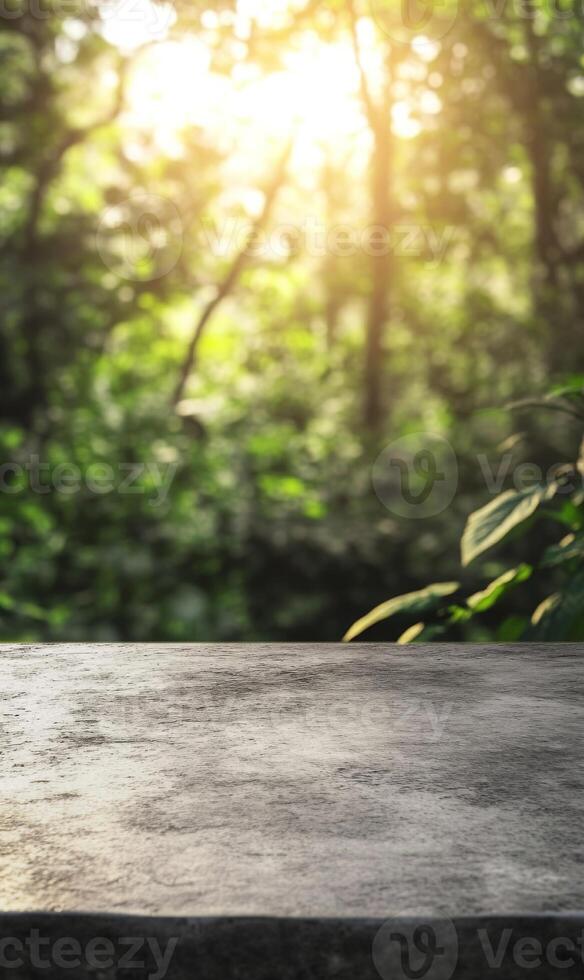Sunlit Forest Backdrop with a Concrete Stage for Product Display and Nature Integration photo