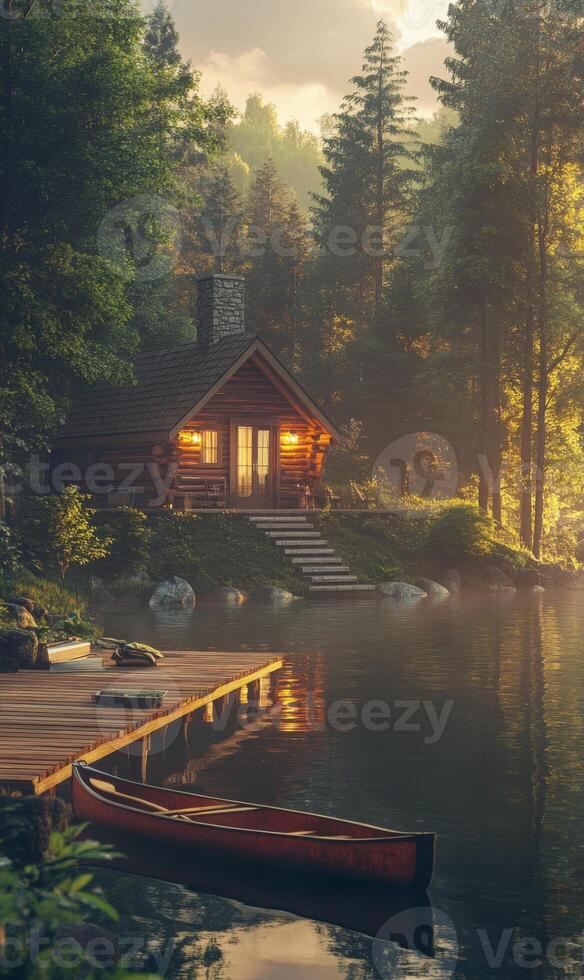 Idyllic lakeside log cabin retreat nestled amongst lush forest landscape with pristine lake photo