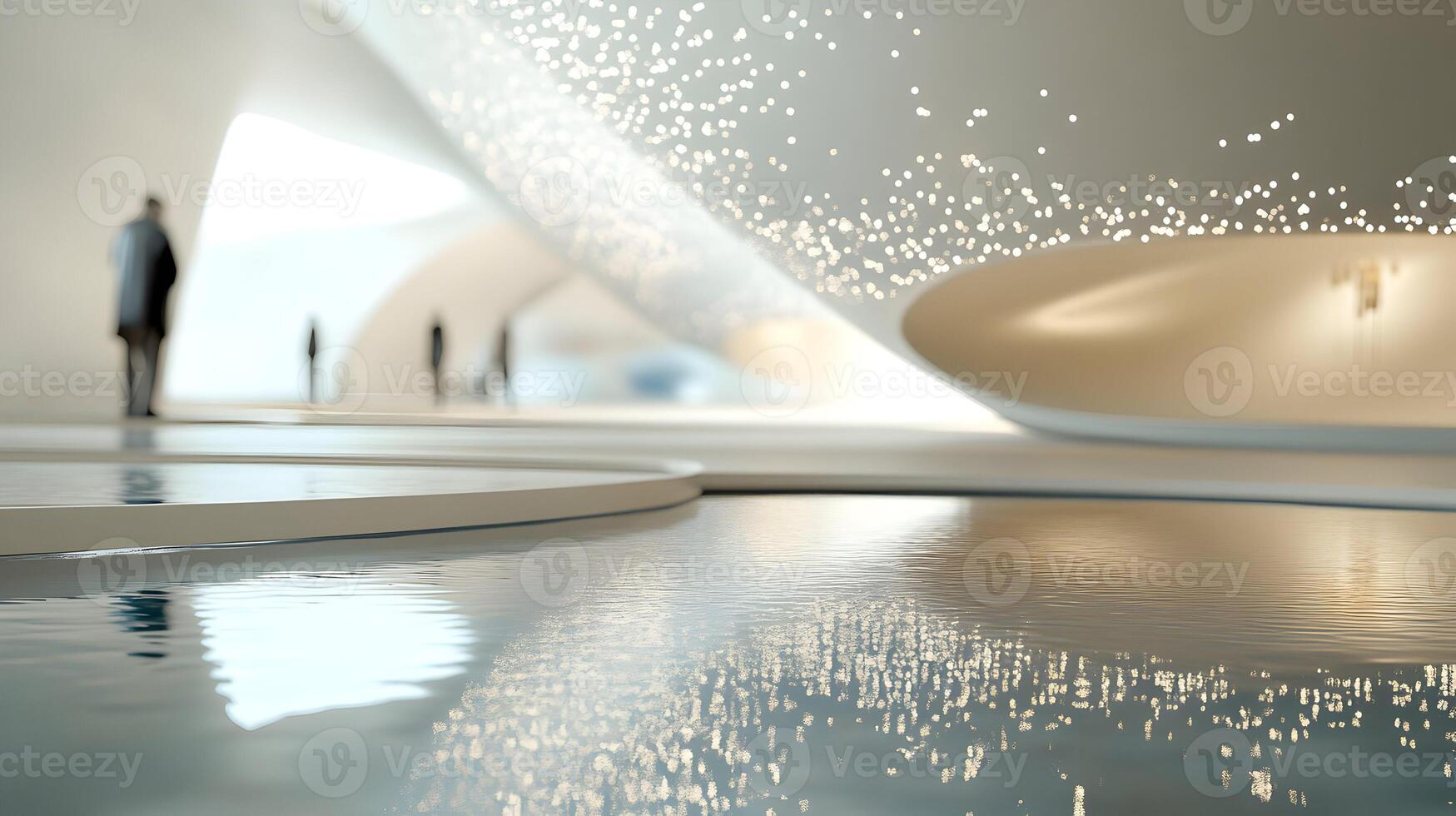 Futuristic architecture with water feature and bokeh lighting creates a serene ambiance photo