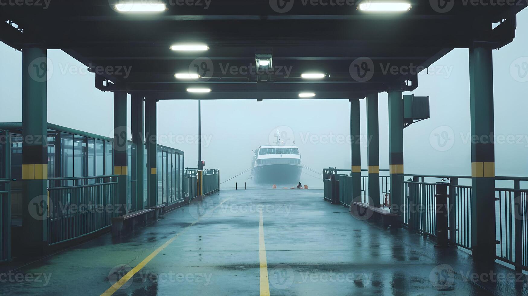 Ferry approaching dock on a misty morning creating a sense of mystery and anticipation photo