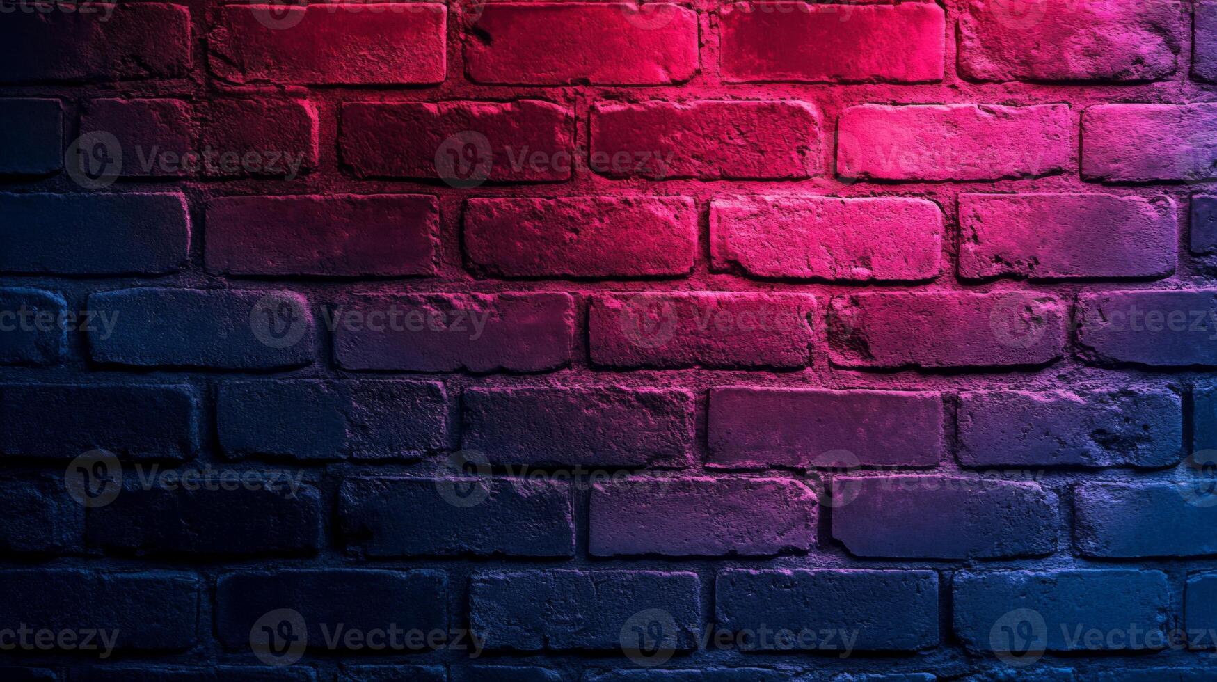 Vividly illuminated brick facade displaying an artistic interplay of blues and magentas gradient photo