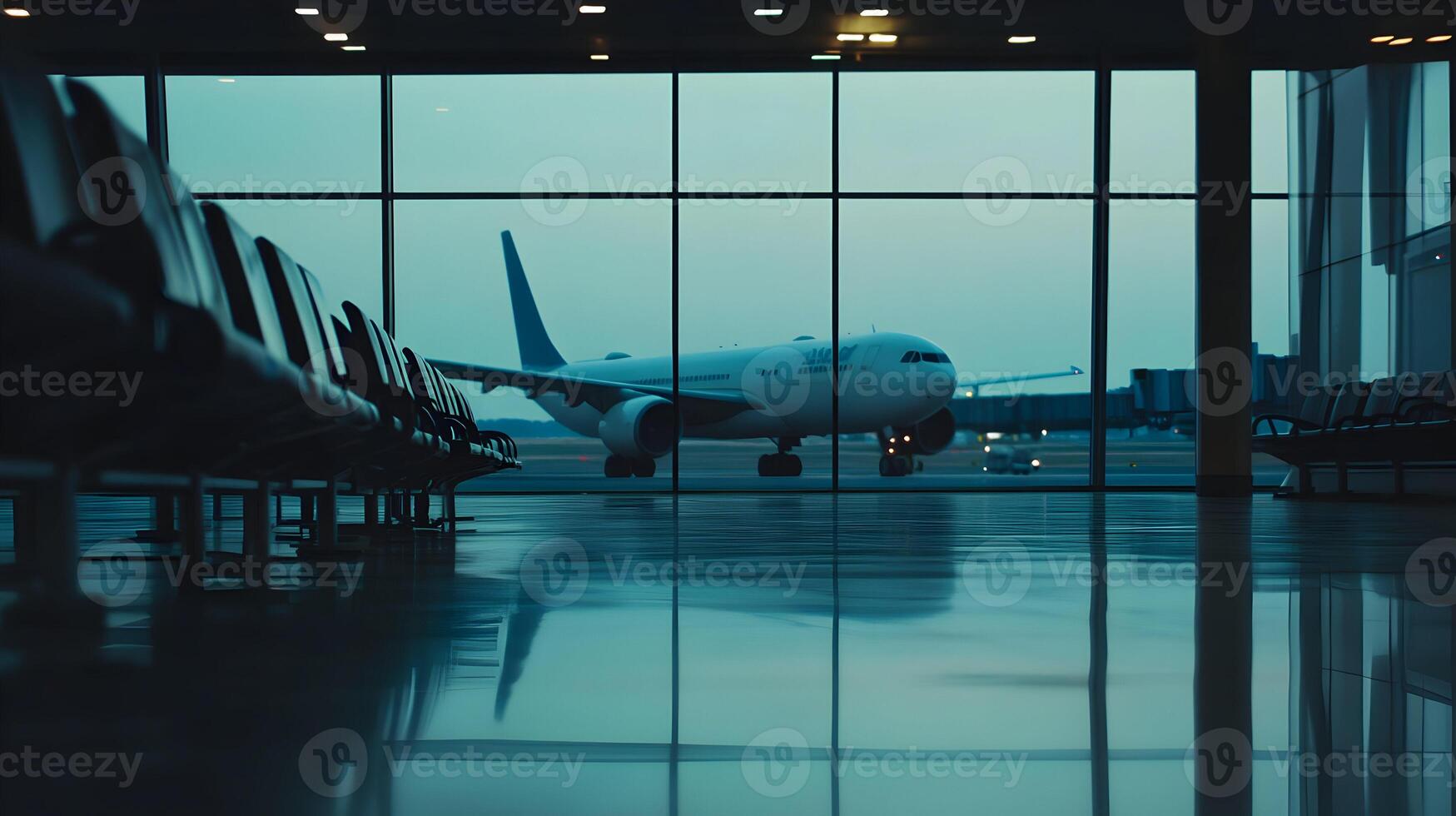 Sleek airport terminal view with airplane reflecting on floor in modern ambience photo