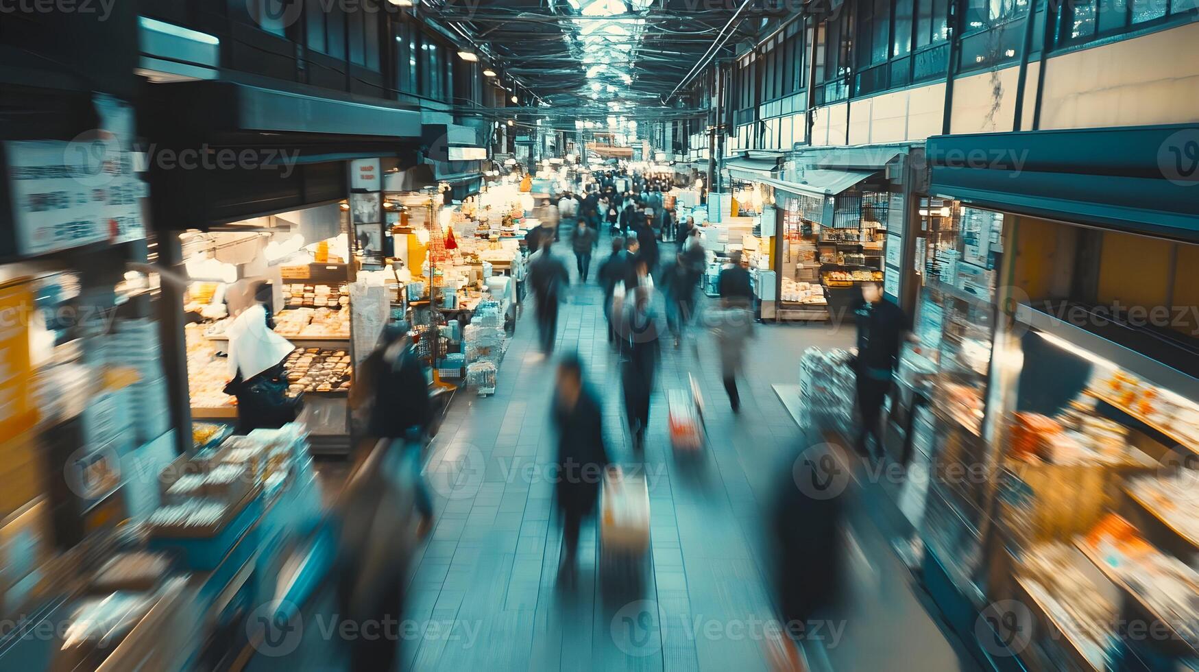 Bustling market scene with blurred motion and vibrant stalls showcasing local products photo