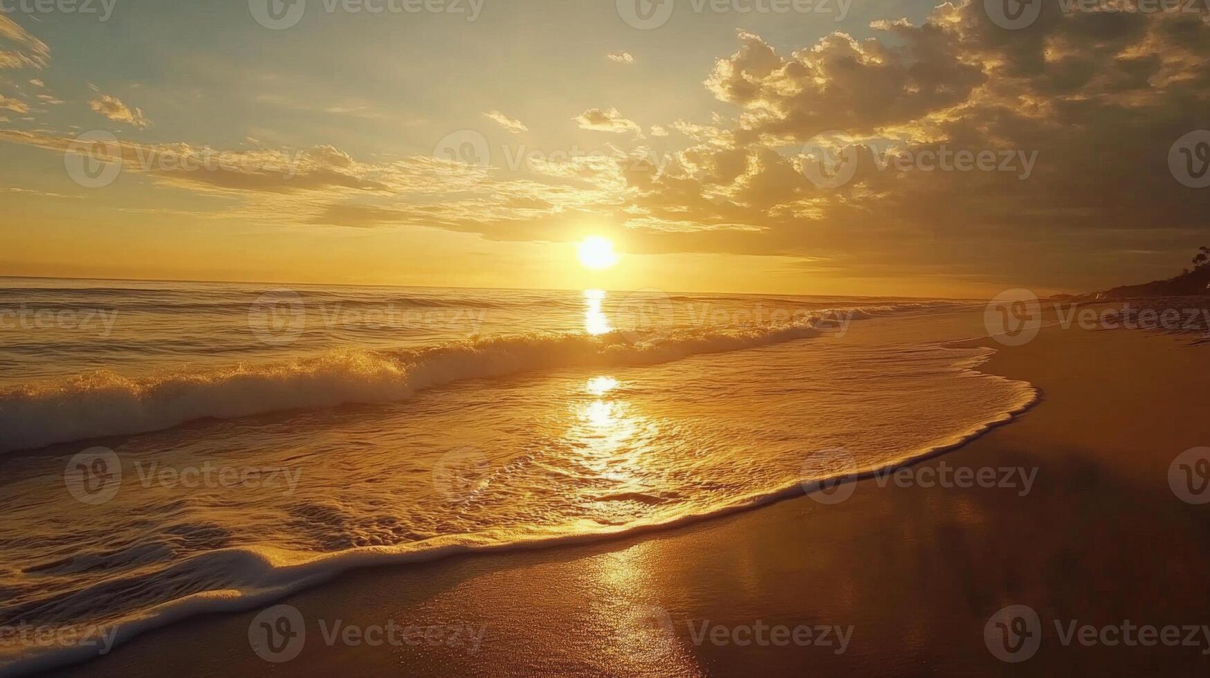 Radiant seaside serenity, Golden sun embracing the shore in a coastal vista at twilight photo