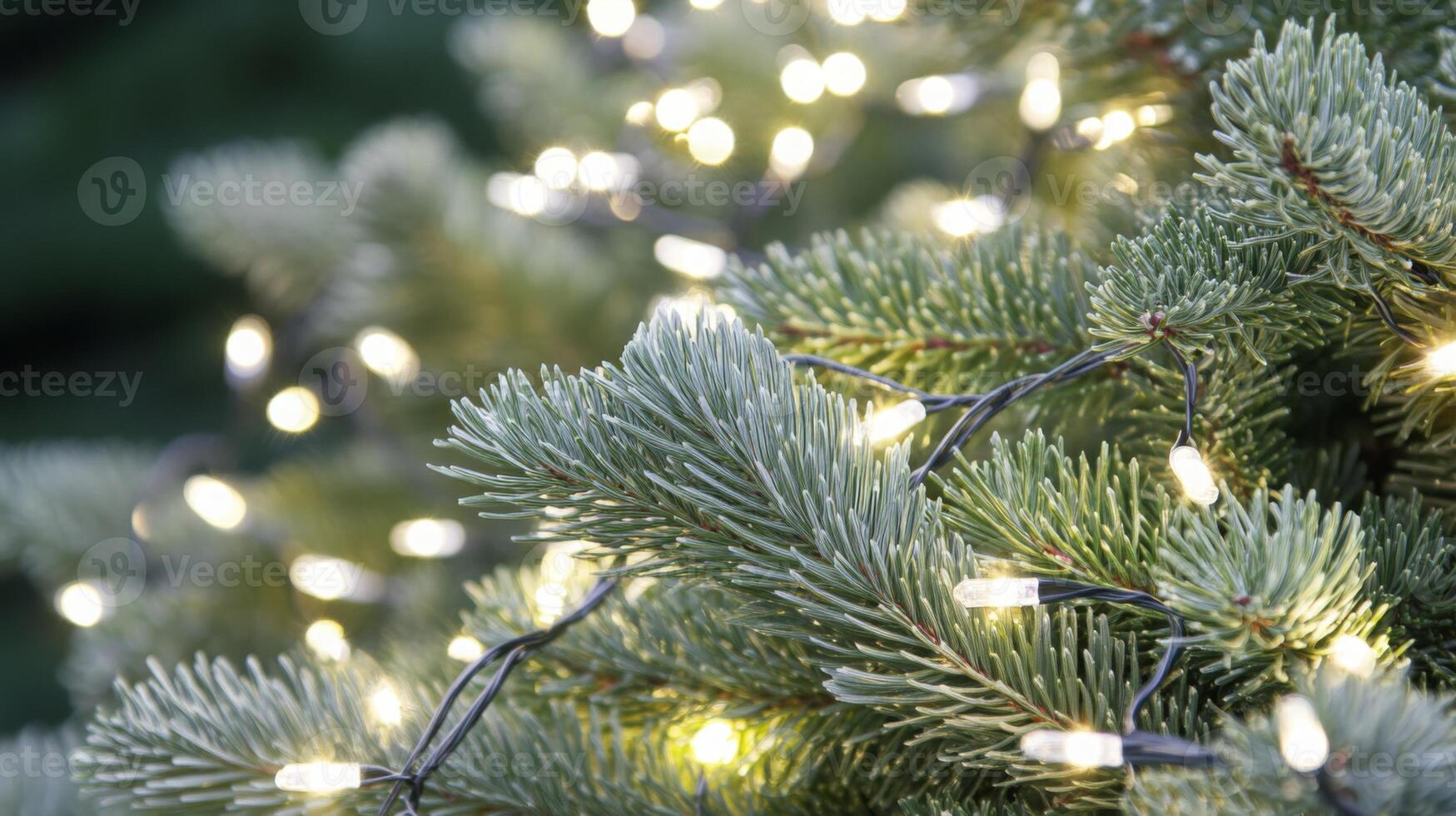 Illuminated evergreen boughs adorned with miniature twinkling christmas lights shining softly photo