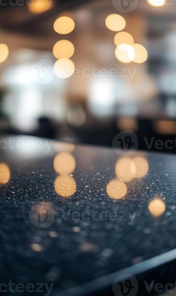 Elegant countertop surface reflecting ambient bokeh lights in soft focus for abstract aesthetics photo