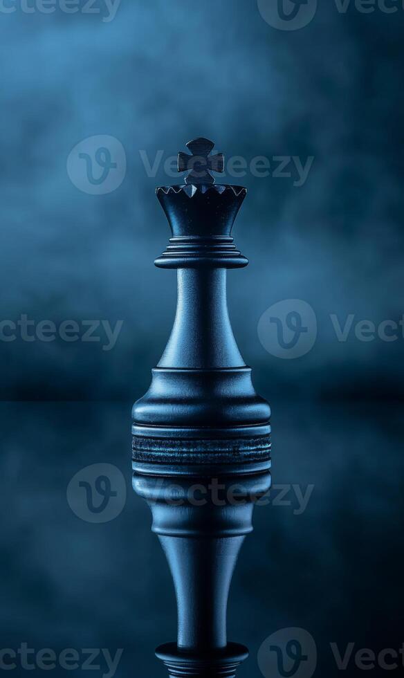 Intricate Chess King Piece Emerging from Enigmatic Dark Blue Mist on Reflective Surface photo