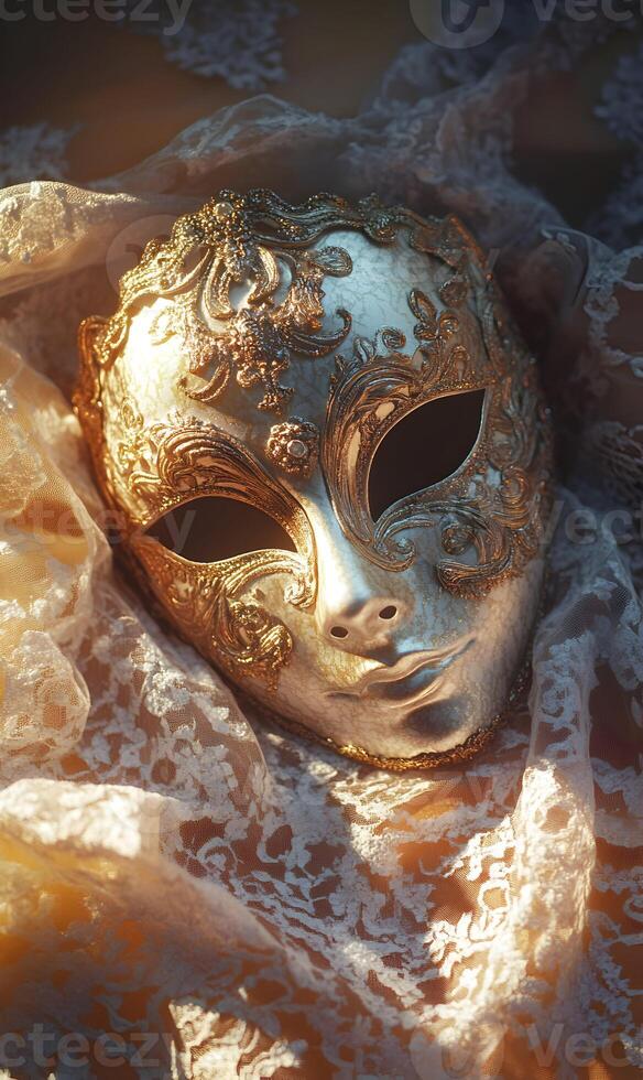 Intricate venetian mask resting gracefully on a delicate lace fabric, radiating mystery photo